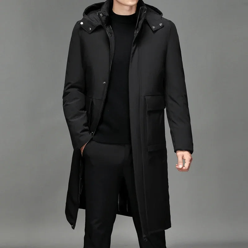 Manteau long à capuche pour homme noir matelassé uni