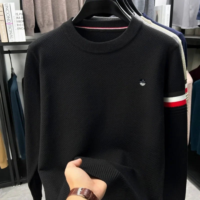 Men's Textured-Knit Crew-Neck Sweater with Side Stripe and Embroidered Motif