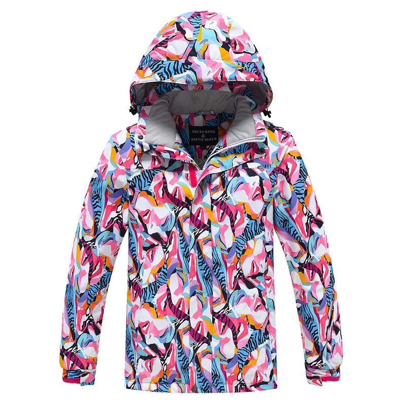 Veste de ski imperméable multicolore à capuche et motif abstrait pour sports d'hiver