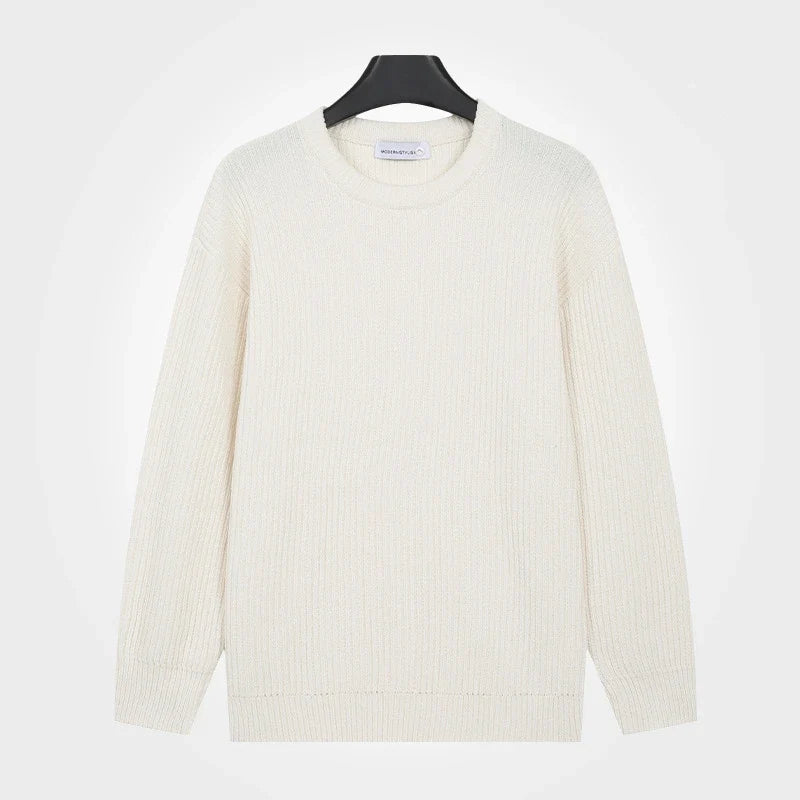 Pull homme côtelé col rond décontracté blanc cassé