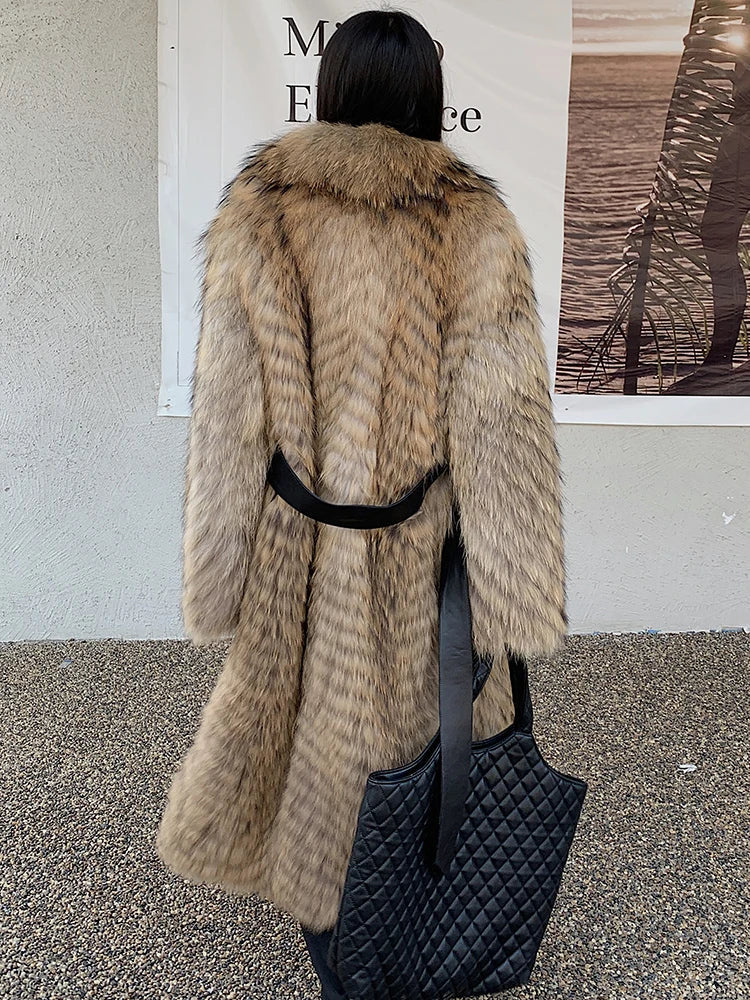 Manteau long pour femme en fausse fourrure à motif chevrons et col large