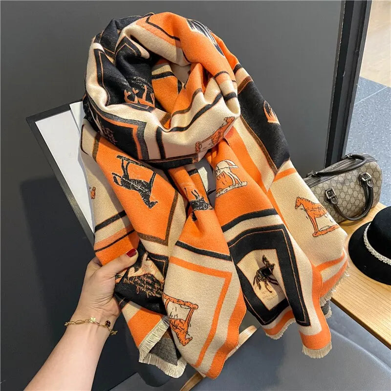 Soft multicolored scarf with rider and carriage motif and fringes