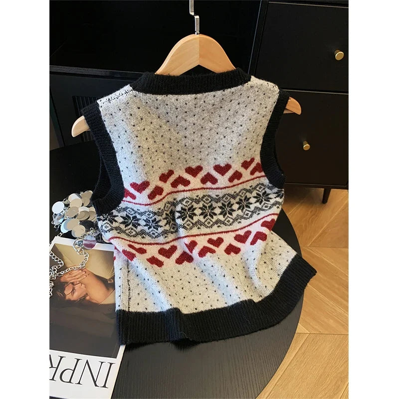 Gilet sans manches tricoté motif cœurs et flocons pour femme