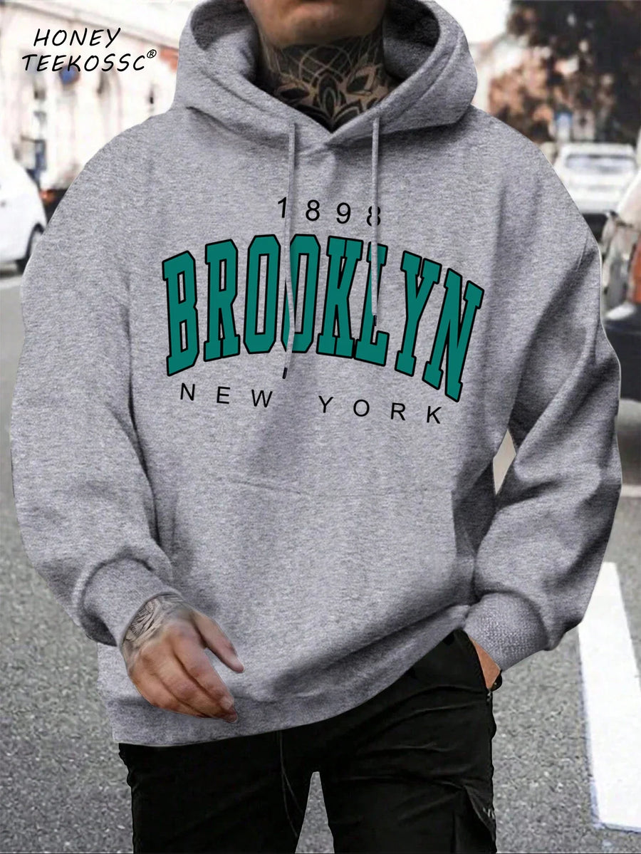 Unisex hættetrøje med New York Brooklyn-basketballprint og kængurulomme