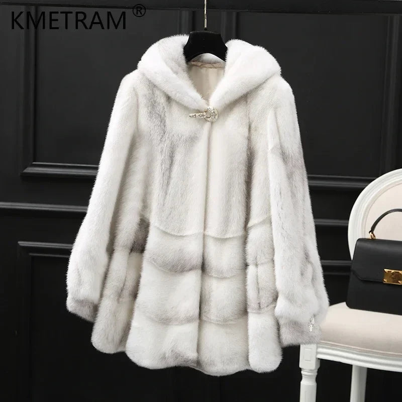 Manteau à Capuche Doux Femme Blanc & Gris Panneaux Horizontaux