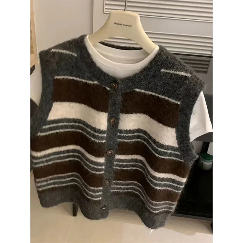 Gilet sans manches Femme rayé Col Rond Boutonné Gris Marron Blanc