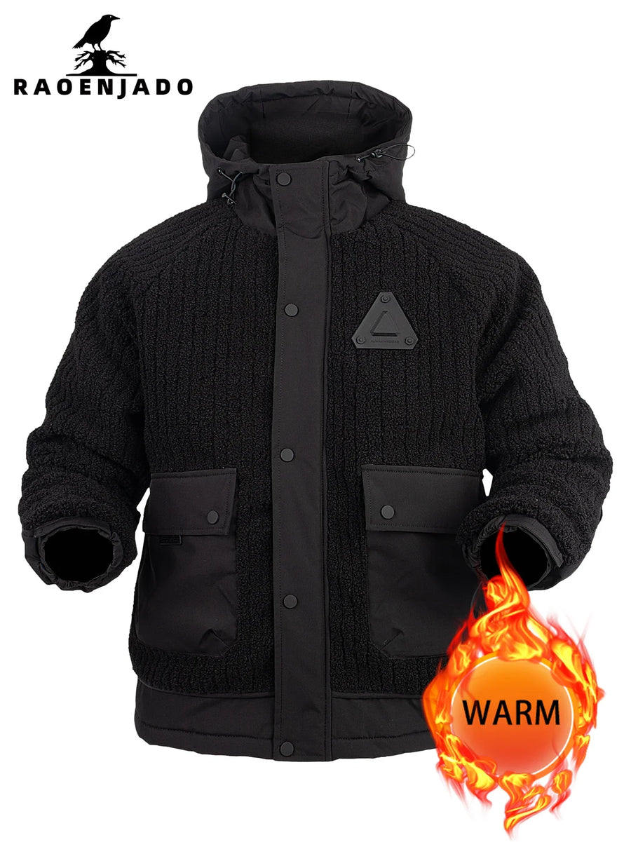 Giacca da uomo con cappuccio effetto pile, stile casual, antivento, nera