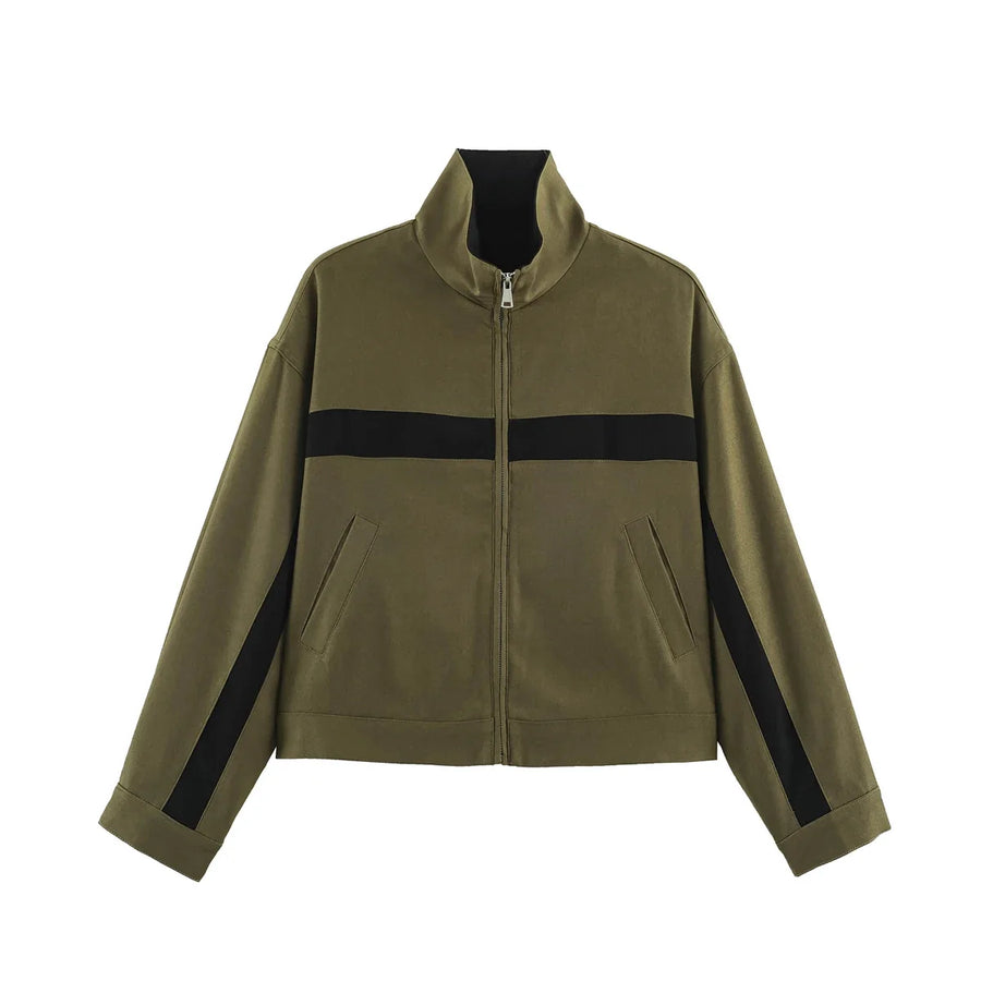 Damenblouson mit Stehkragen, Reißverschluss und kontrastierenden Streifen