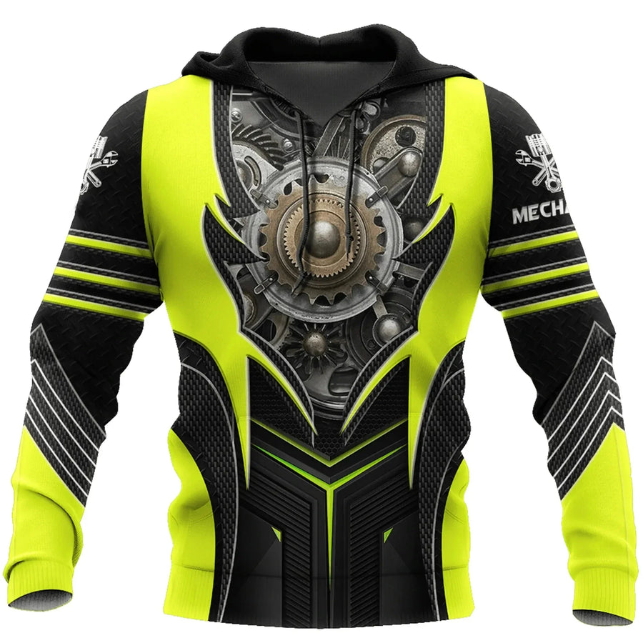 Sweat à Capuche Homme Imprimé Mécanicien Moteur Engrenages Outils