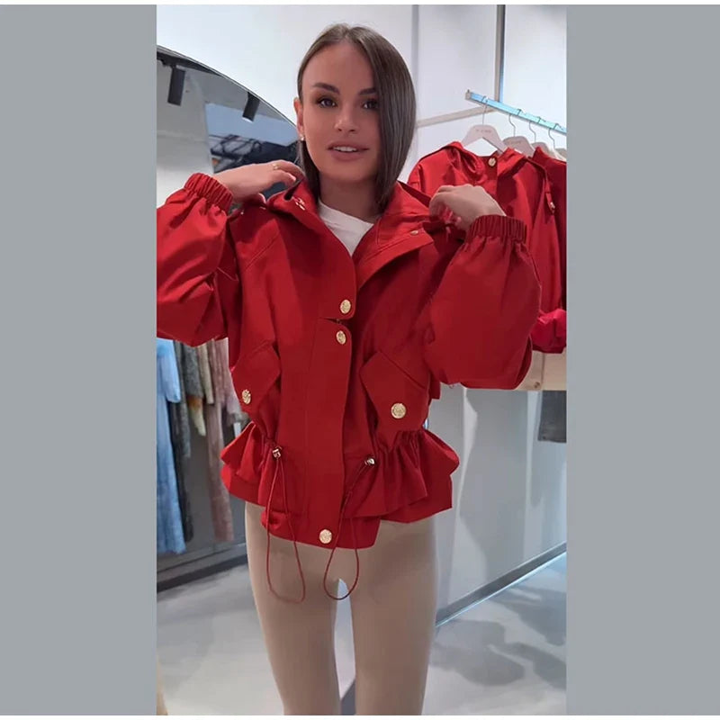 Giacca bomber corta da donna con cappuccio e vita regolabile