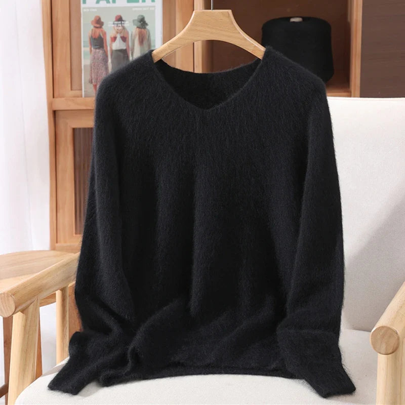 Maglione donna confortevole a collo a V, con maniche lunghe, in materiale morbido
