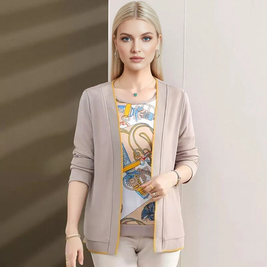 Damesæt med åben cardigan og mønstret top, beige