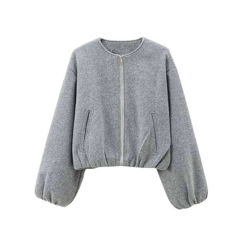 Chaqueta corta informal lisa para mujer, con cuello redondo, cremallera y mangas abullonadas, estilo bomber