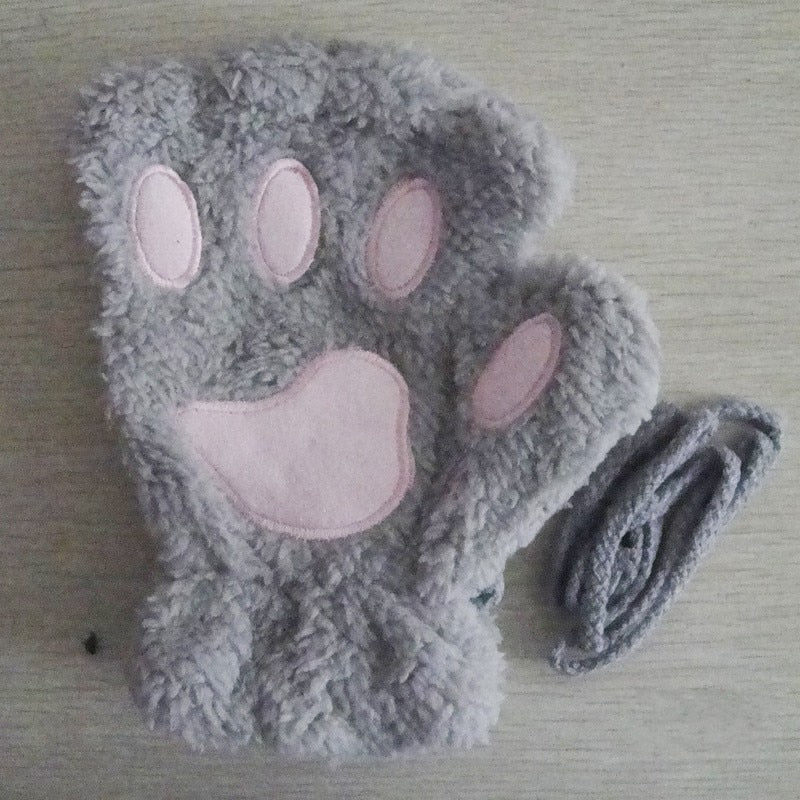 Bright pink plush animal-paw mittens with drawstring