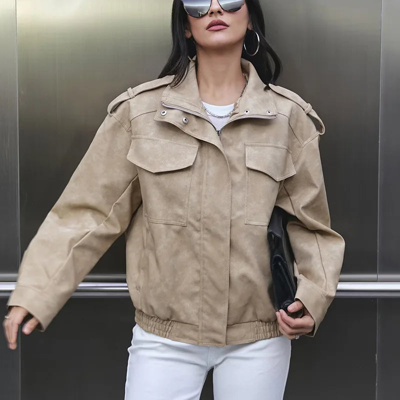 Blouson aviateur femme col montant suédine à poches Dark Blue, Kaki, Gris