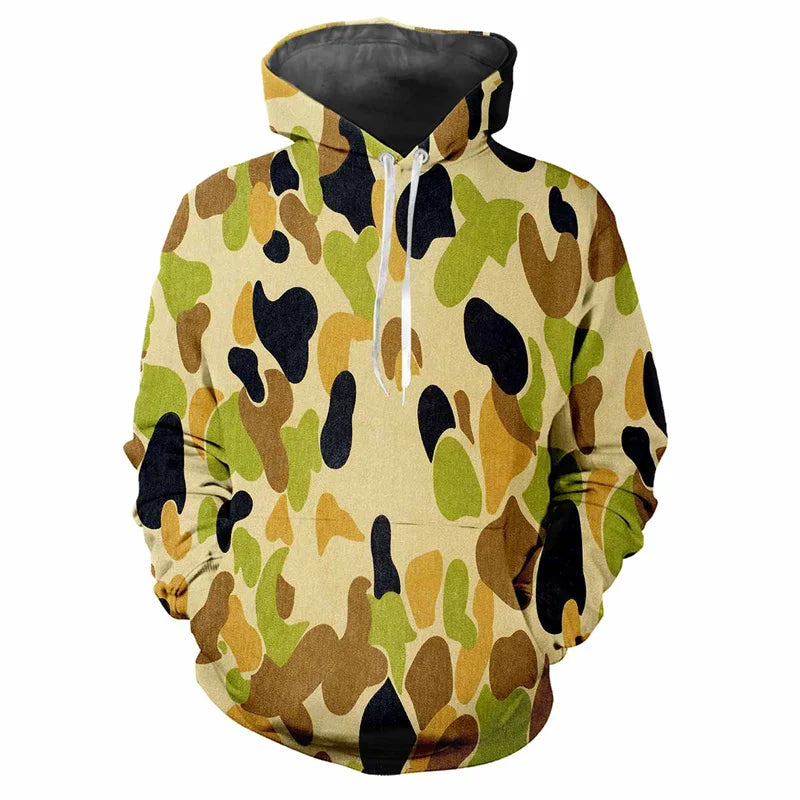 Sudadera de camuflaje con capucha para hombre, bolsillo canguro y cordones ajustables
