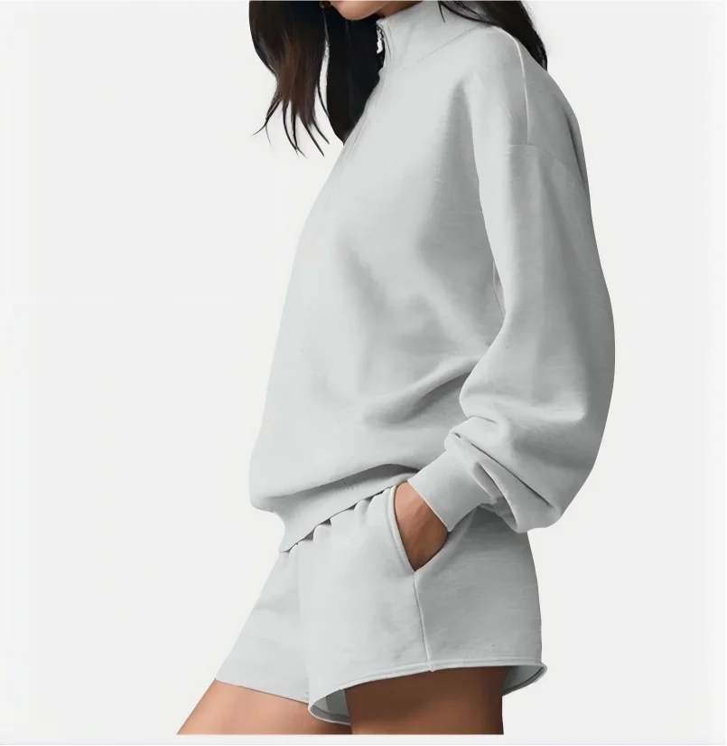 Conjunto deportivo gris claro para mujer - Sudadera con cremallera y cuello alto y pantalón corto
