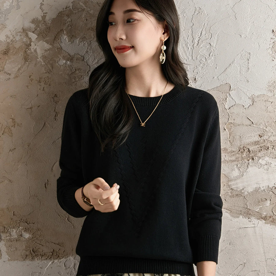 Pull femme en maille légère à col rond et motif en V texturé, manches longues