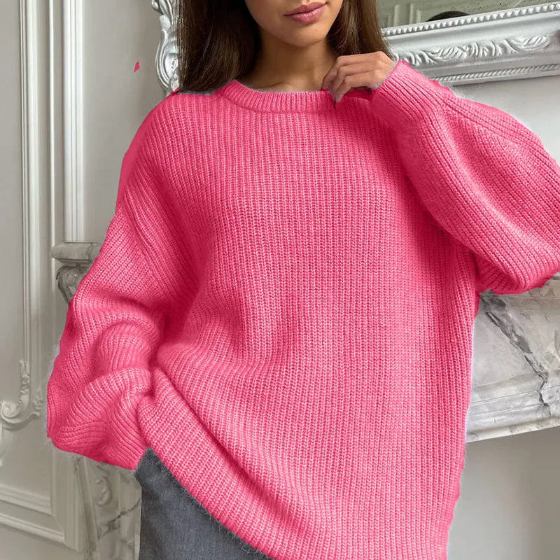 Jersey holgado de punto de canalé para mujer, con cuello redondo y mangas largas