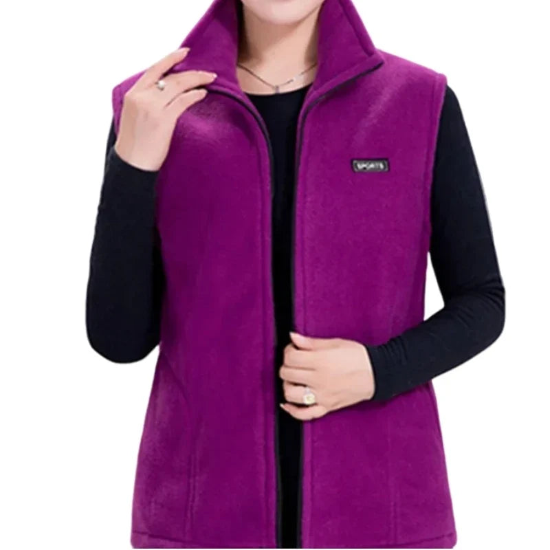 Chaleco polar morado para mujer, sin mangas, con cuello alto y cremallera