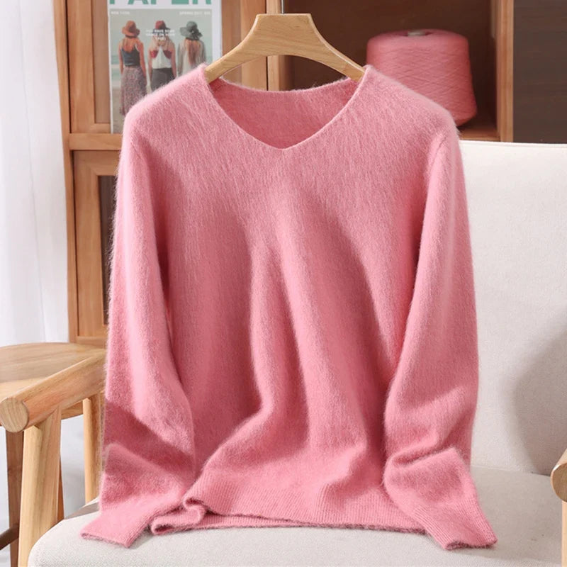 Maglione donna confortevole a collo a V, con maniche lunghe, in materiale morbido