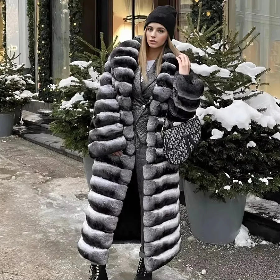 Thick, warm black-and-white striped faux-fur long coat for women