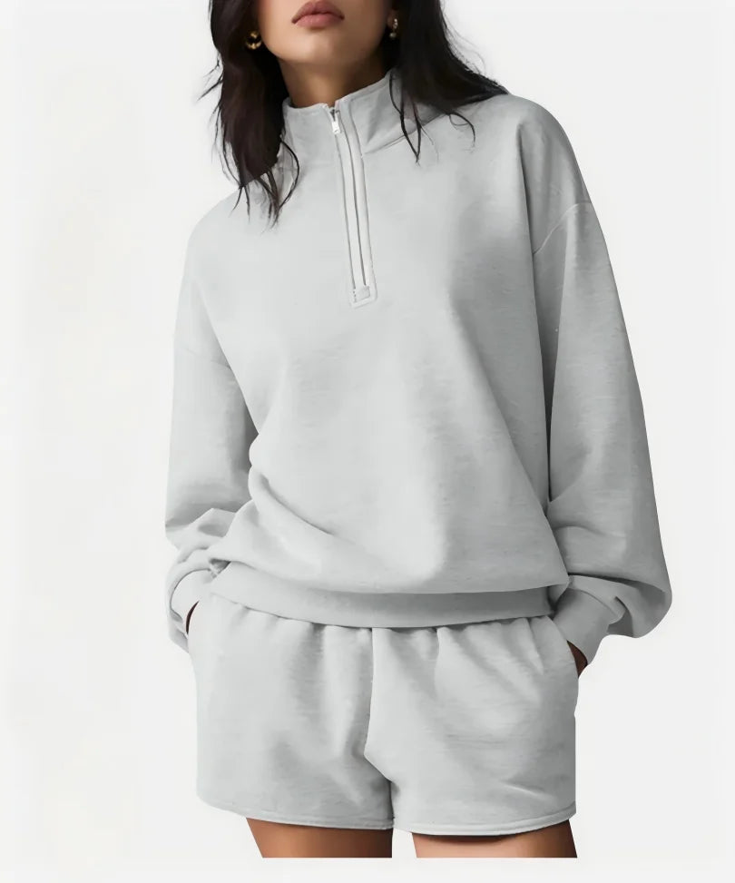 Conjunto deportivo gris claro para mujer - Sudadera con cremallera y cuello alto y pantalón corto
