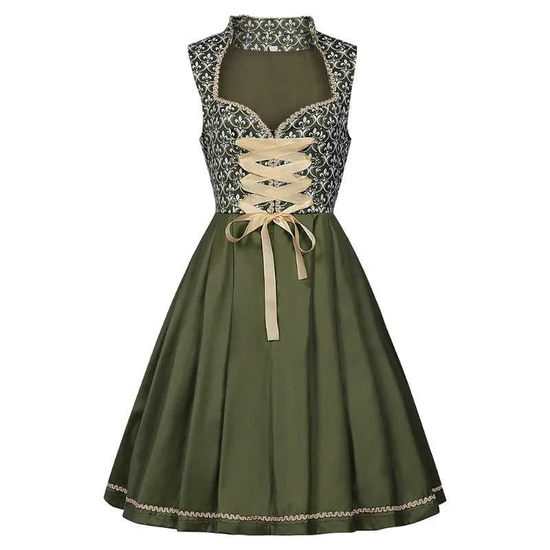Traditionel dirndl-kjole til kvinder i olivengrøn med gylden sløjfe og blomsterbroderier