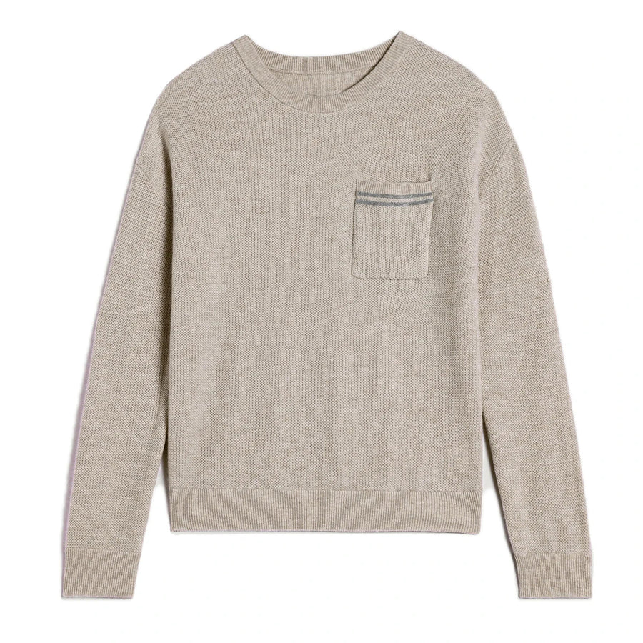 Jersey de cuello redondo para mujer, de punto fino, con bolsillo en el pecho y ribete brillante