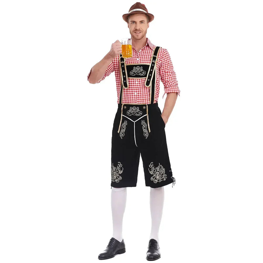 Bayersk herrekostume med korte seleshorts og ternet skjorte til Oktoberfest