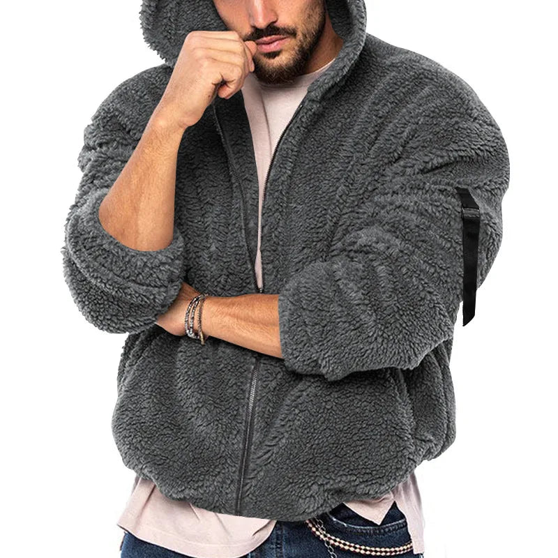 Men's hooded jacket in soft sheepskin-effect fabric, zippered, multiple colors
