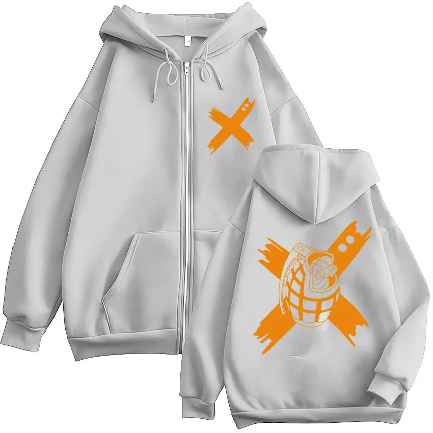 Sweat à capuche zippé imprimé motif fantaisie avec poches kangourou