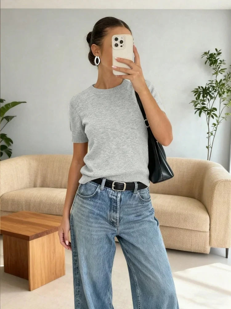 Women's solid-color short-sleeve crew-neck knitted T-shirt