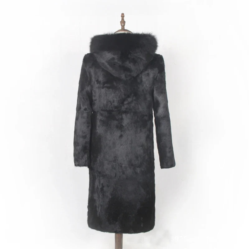 Manteau long noir à capuche en fausse fourrure pour femme