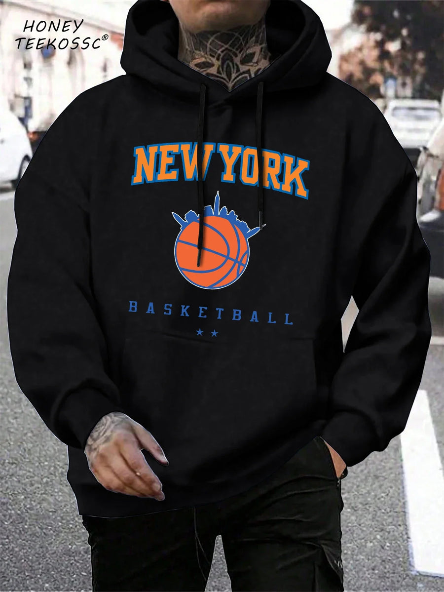 Unisex hættetrøje med New York Brooklyn-basketballprint og kængurulomme