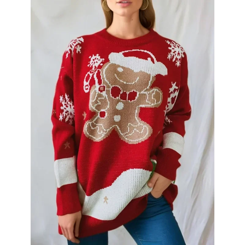 Women's knitted Christmas sweater with gingerbread man and snowflake designs