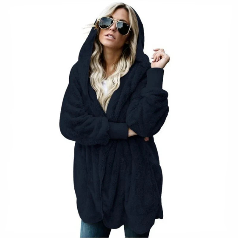 Gilet long femme doux à capuche uni avec poches