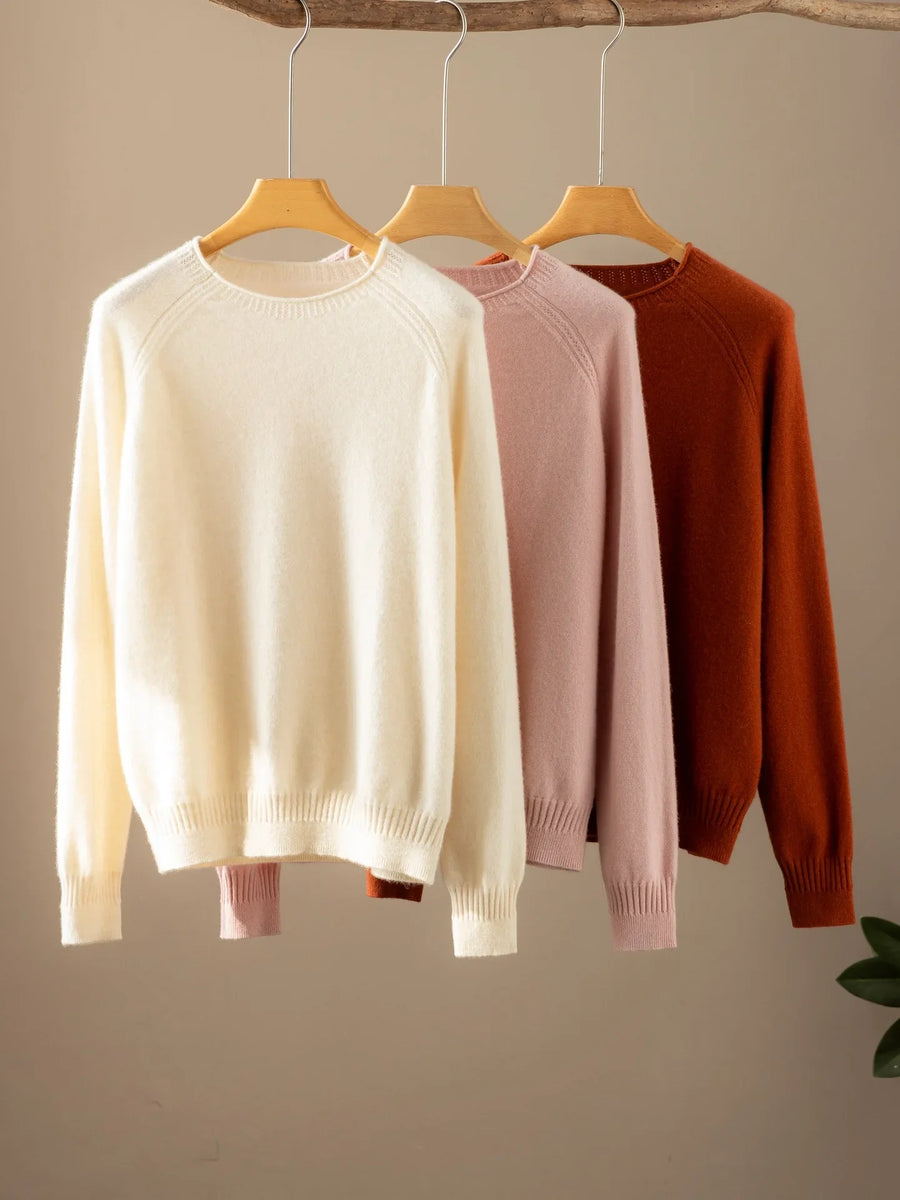 Jersey de cuello redondo para mujer, de punto fino, corte recto y mangas largas raglán