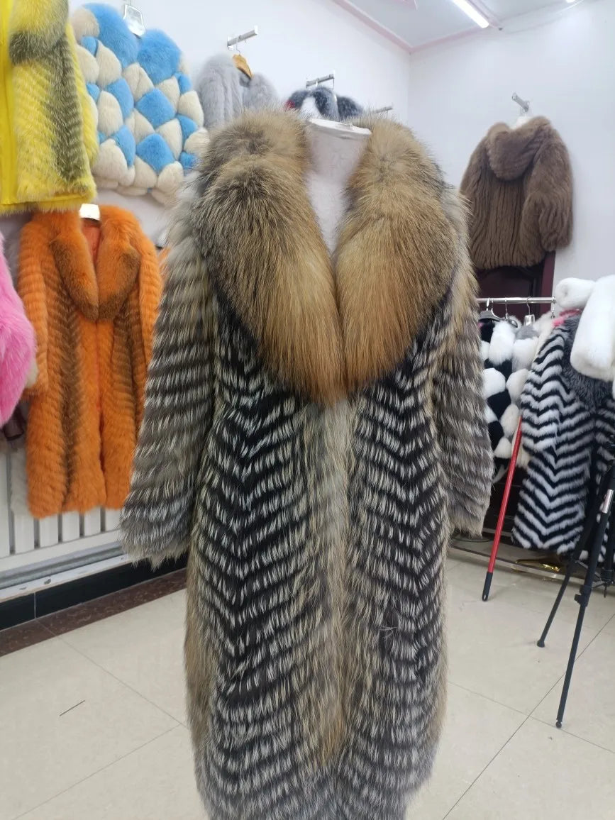Manteau long pour femme en fausse fourrure à motif chevrons et col large