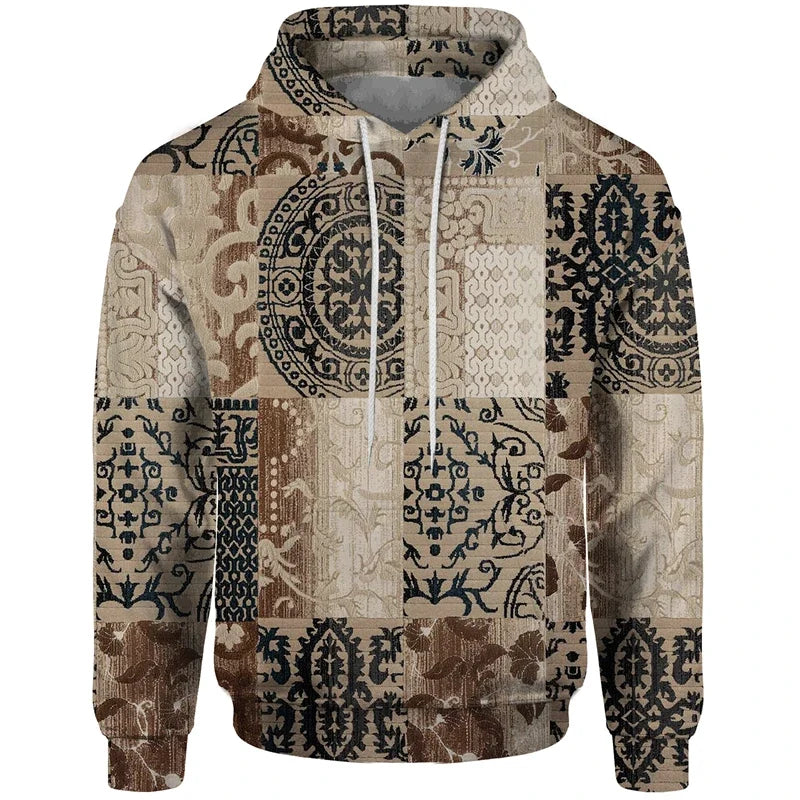 Sudadera con capucha estampada de patchwork con motivos geométricos y florales rojos y beige