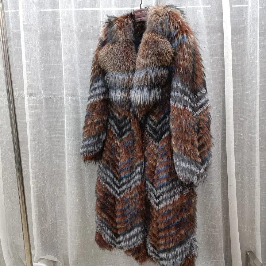 Manteau long pour femme en fausse fourrure à motif chevrons et col large