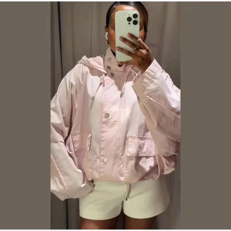 Veste légère à capuche pour femme rose poudré avec poches et cordons de serrage