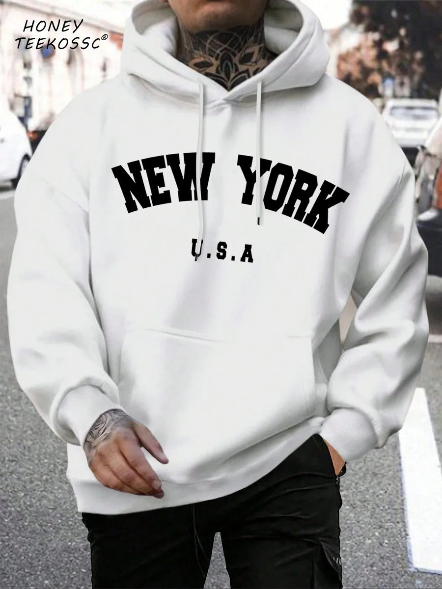Unisex hættetrøje med New York Brooklyn-basketballprint og kængurulomme