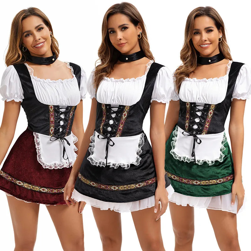 Kort kvinde-dirndl-kjole med forklæde og rund hals i vinrød