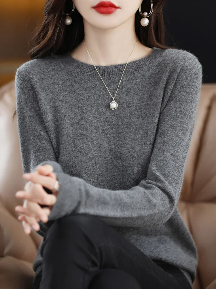 Pull col rond basique femme manches longues uni