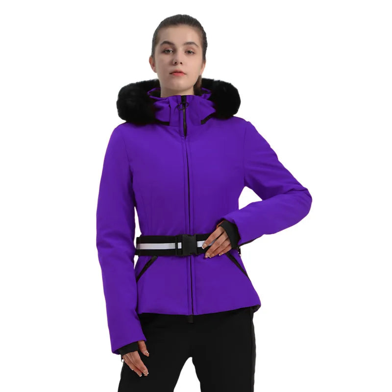 Veste de Ski Femme Motif Pied-de-Poule Noir et Beige avec Capuche et Ceinture