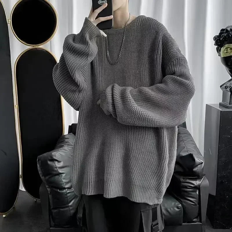 Pull ample à col rond et maille côtelée pour homme, décontracté, diverses couleurs