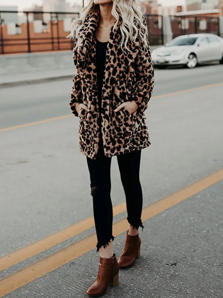 Women's Soft Leopard-Print Coat with Wide Collar