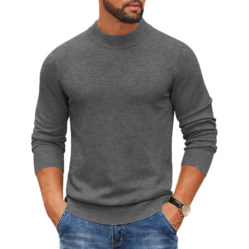 Jersey de punto para hombre con cuello alto acanalado y manga larga, color liso