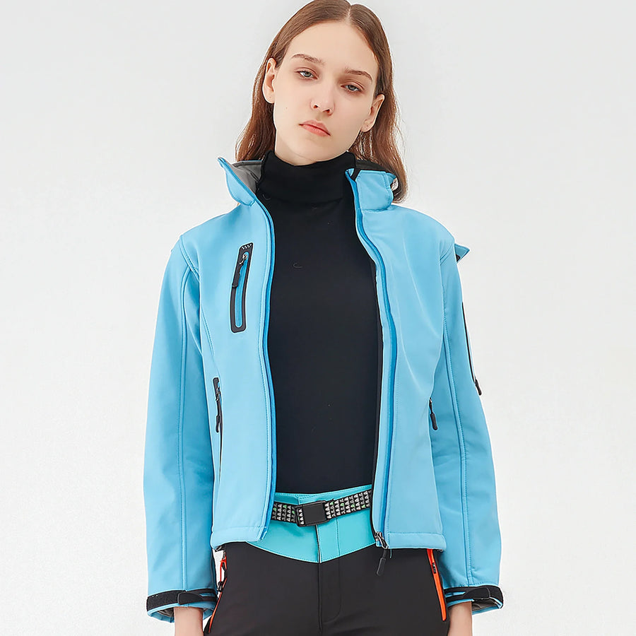 Veste Softshell Femme Zippée Imperméable Respirante Coupe-Vent avec Capuche Amovible